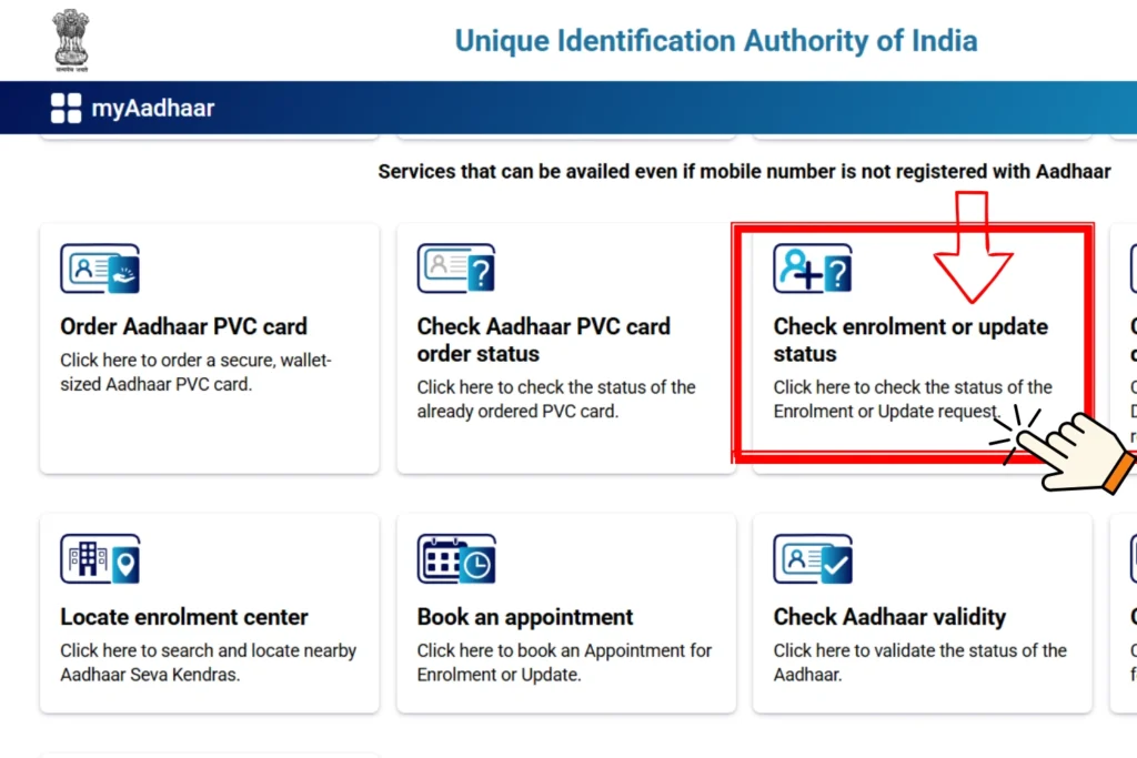Aadhaar Card Status Check Online 2026 – Enrolment & Update Status 3 Check Aadhaar enrolment or update status online using the myAadhaar portal.