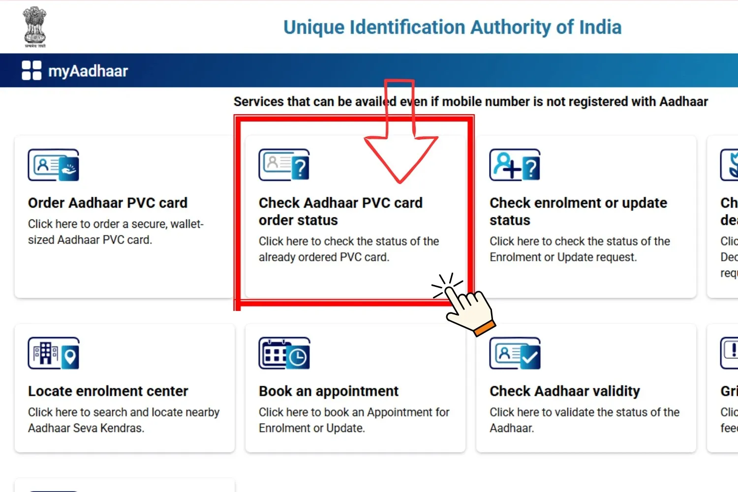 My Aadhaar UIDAI 2026 – Login, Download e-Aadhaar & Update Status 20 Click on the Check Aadhaar PVC Card Order Status option.