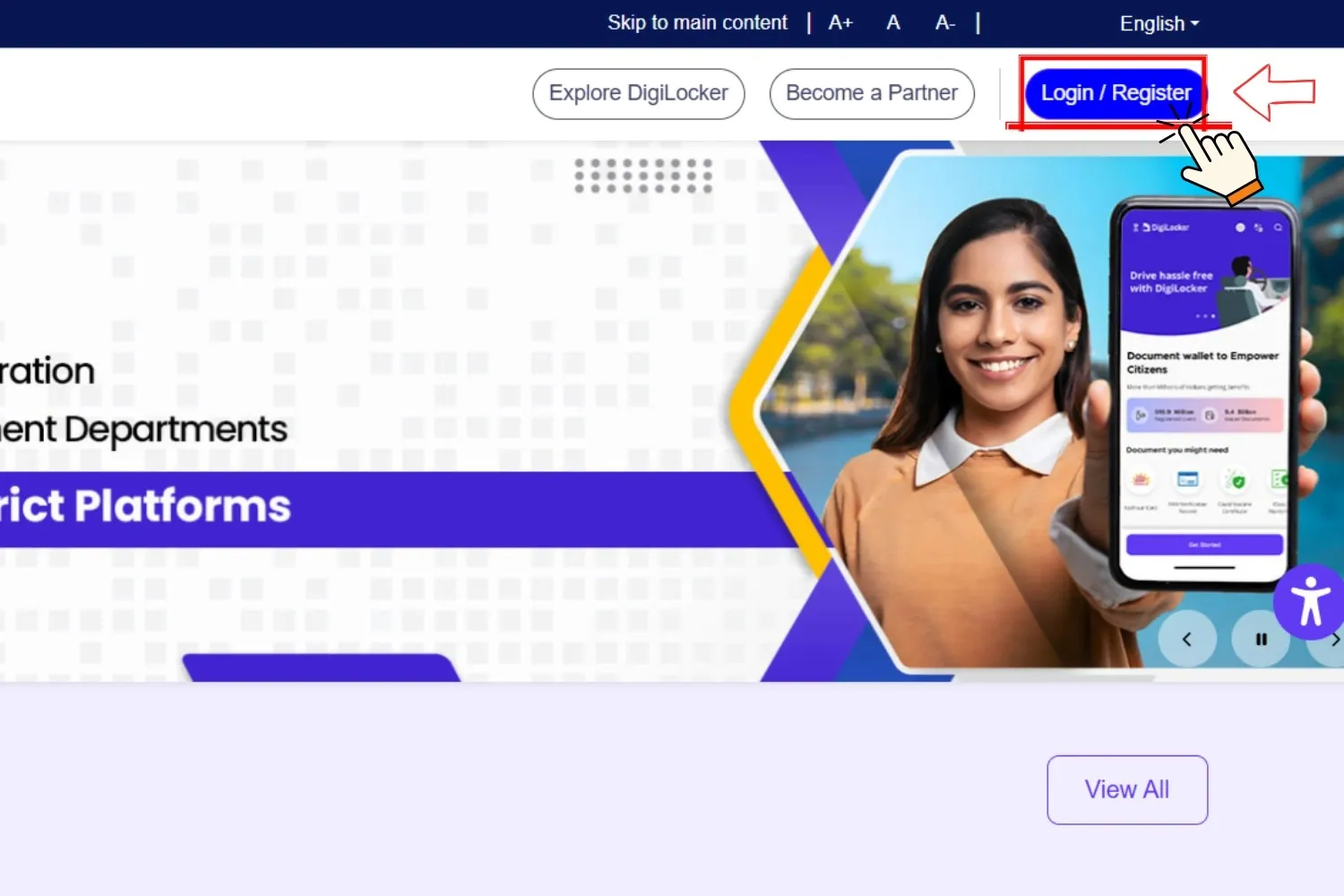 Aadhaar Card Download – Download e-Aadhaar PDF Online 2026 5 Click on the Login / Register button on the DigiLocker portal to continue.
