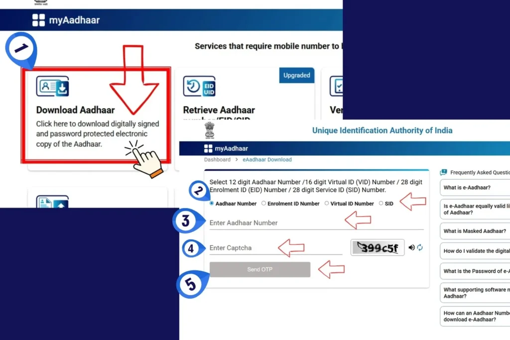 Aadhaar Enrolment UIDAI 2026 – Book Aadhaar Appointment Online 4 Download e-Aadhaar online by entering Aadhaar number, solving captcha and sending OTP, including masked Aadhaar option.