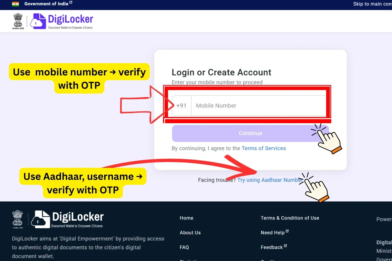 Aadhaar Card Download – Download e-Aadhaar PDF Online 2026 6 Enter your mobile number or Aadhaar on the DigiLocker portal and verify with OTP to continue.