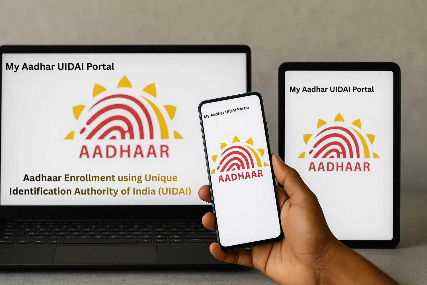 Aadhaar Enrolment UIDAI 2026 – Book Aadhaar Appointment Online 1 My Aadhaar UIDAI portal shown on laptop, tablet and smartphone for Aadhaar enrollment.