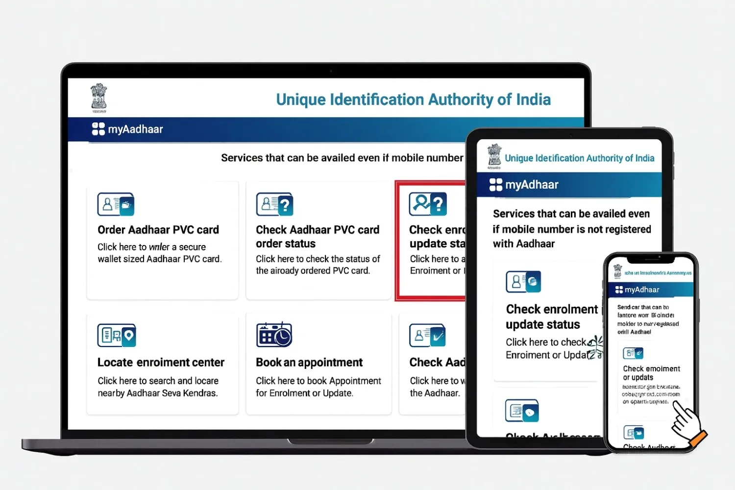 Aadhaar Card Status Check Online 2026 – Enrolment & Update Status 1 Laptop, tablet and mobile showing myAadhaar Check Enrolment Status option