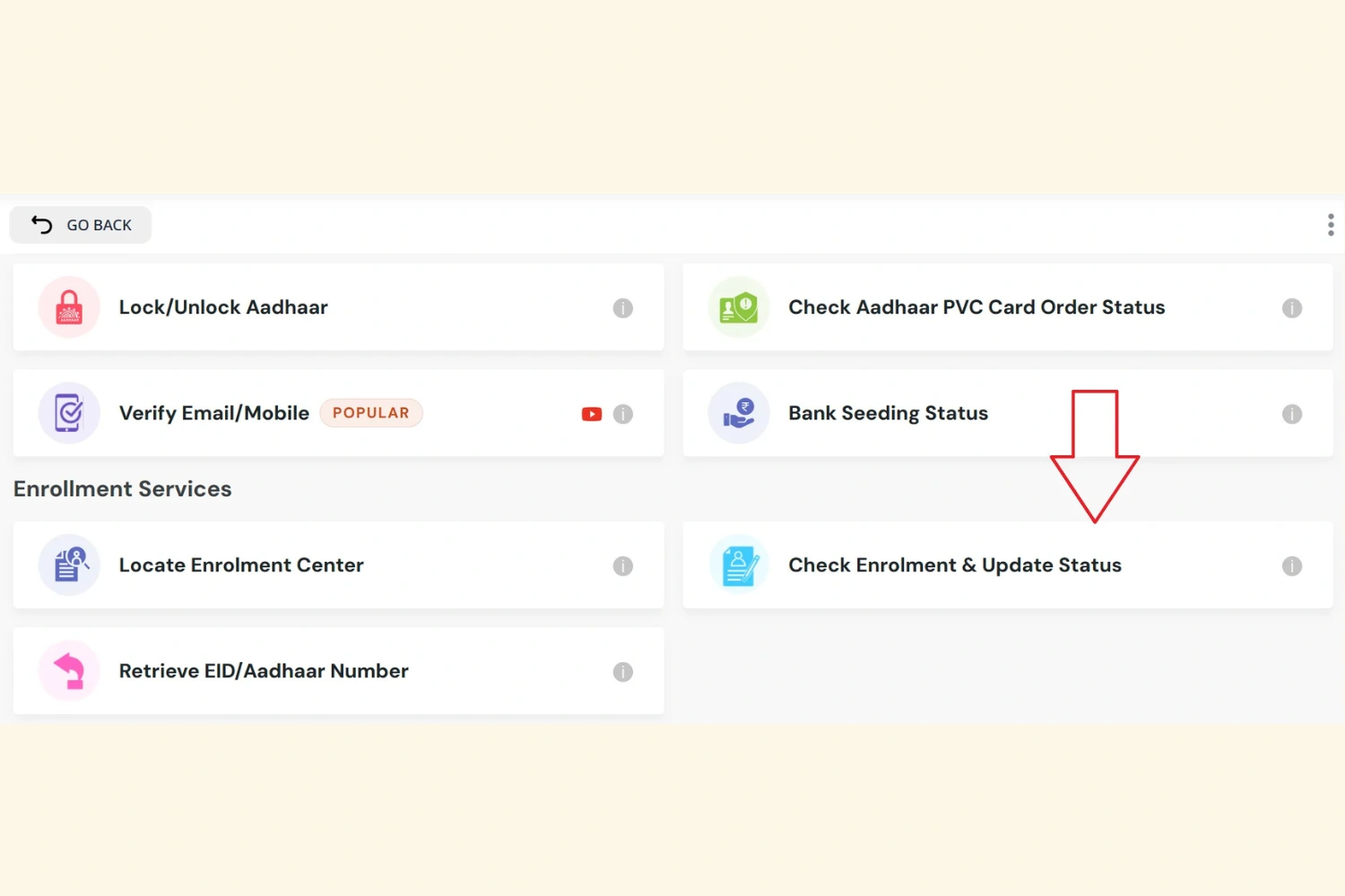 Aadhaar Card Status Check Online 2026 – Enrolment & Update Status 6 UMANG app screen showing Check Aadhaar Enrolment and Update Status service.