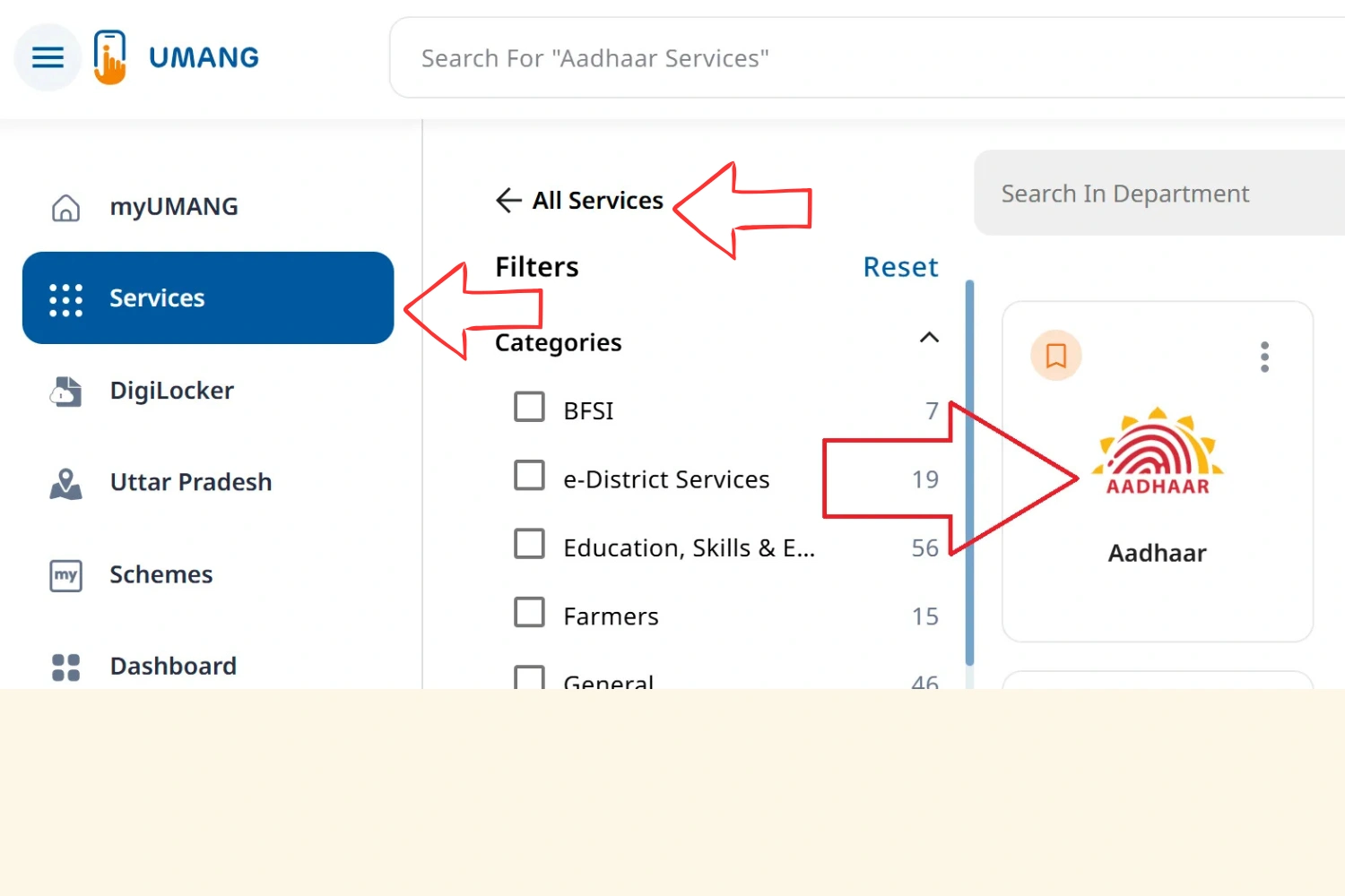 Aadhaar Card Status Check Online 2026 – Enrolment & Update Status 5 UMANG app All Services section showing Aadhaar services category under filters.